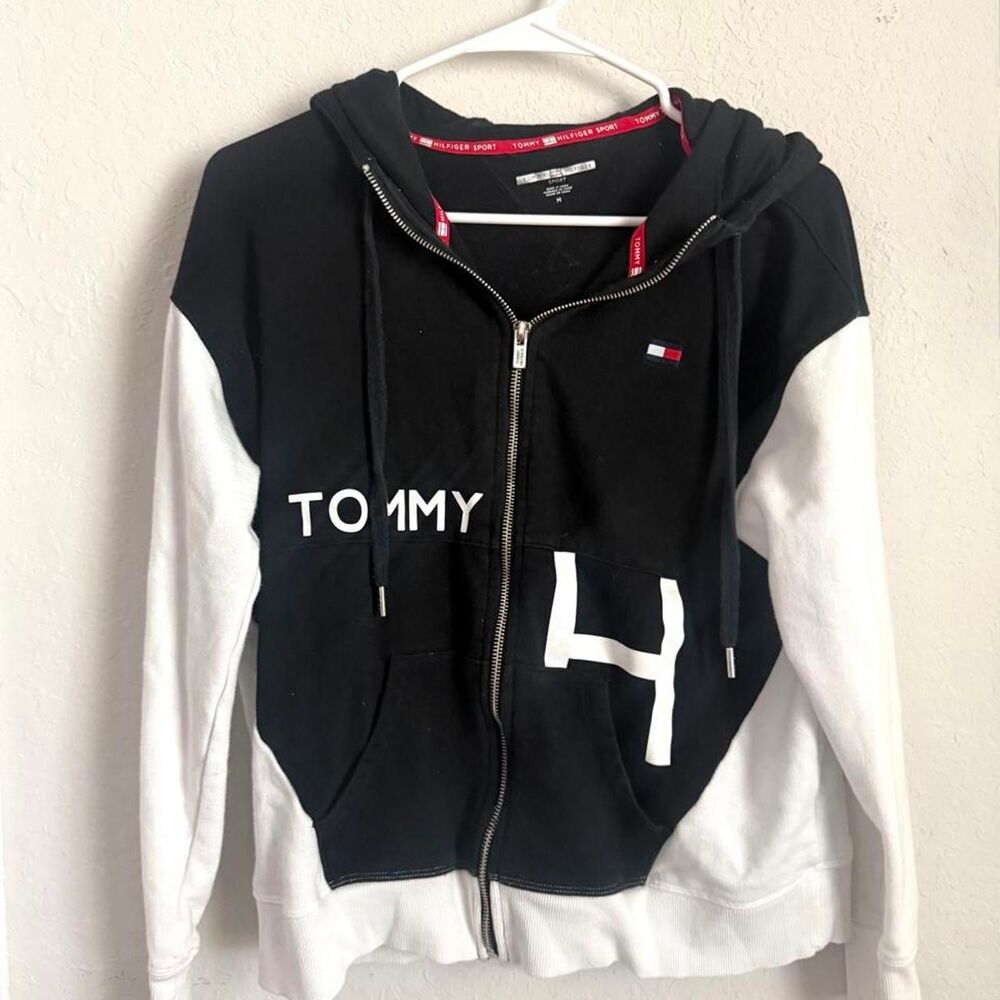 Tommy Hilfiger Sport Women’s Medium Full Zip Hoodie Black White Colorblock Logo